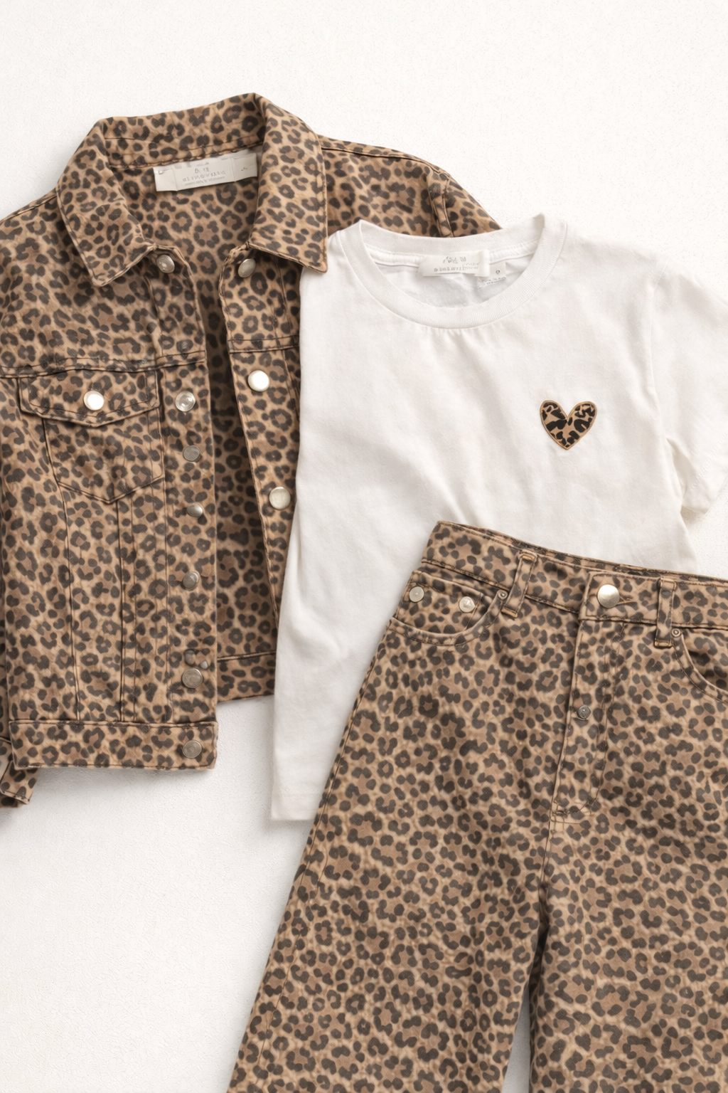 T-shirt manches courtes broderie coeur leopard fille