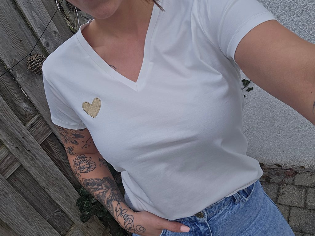 T-shirt manches courtes broderie coeur doré femme