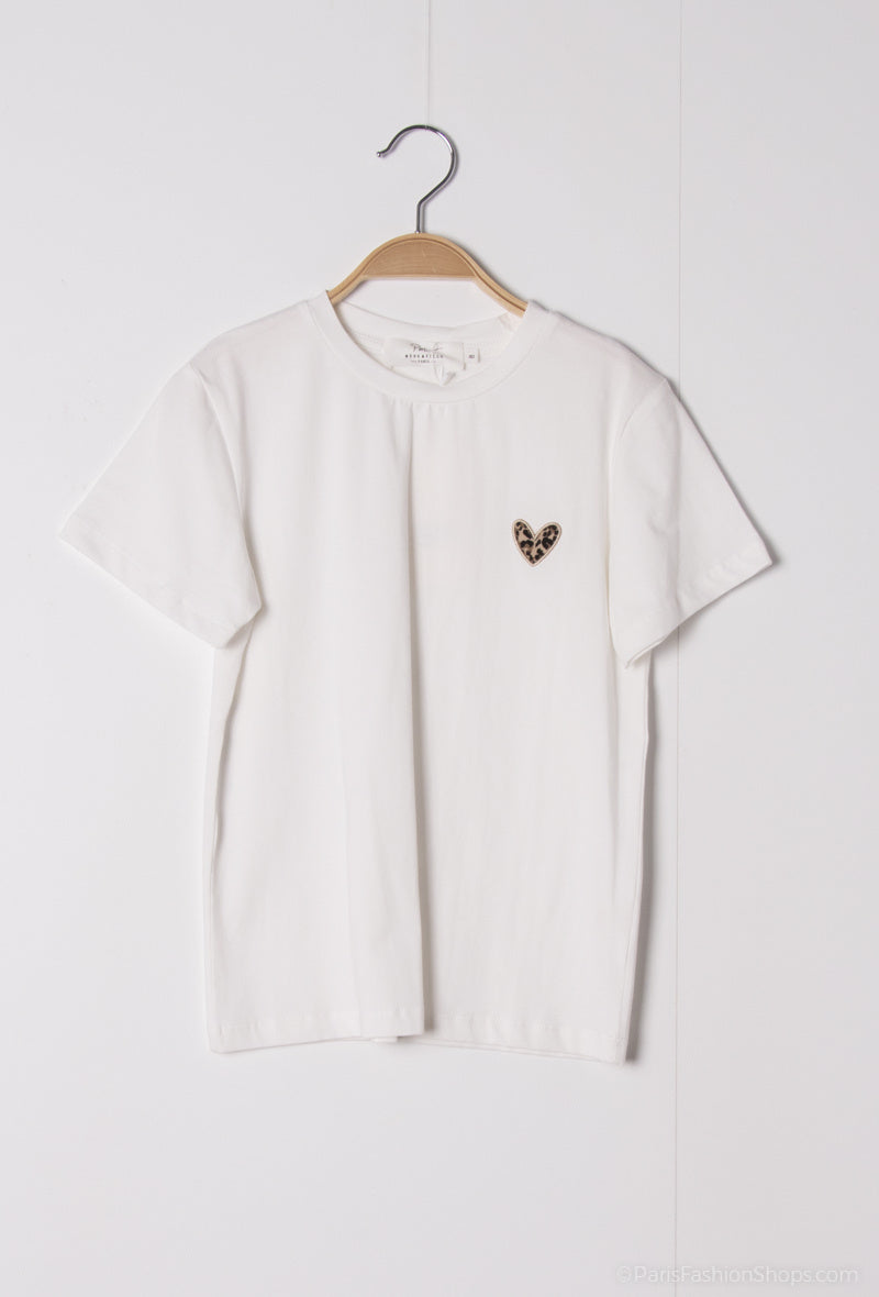 T-shirt manches courtes broderie coeur leopard fille