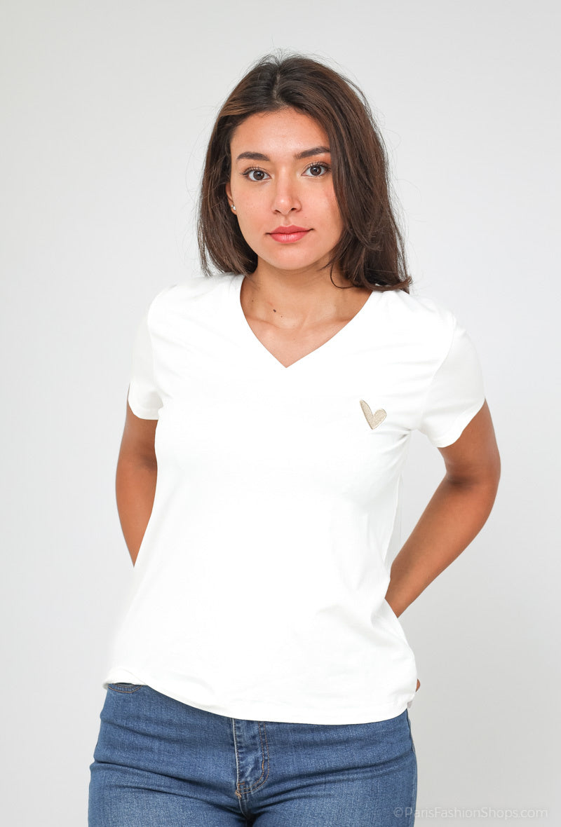 T-shirt manches courtes broderie coeur doré femme
