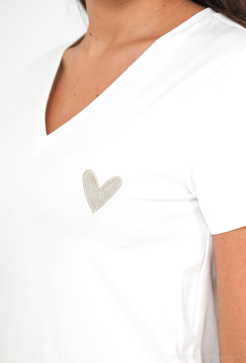 T-shirt manches courtes broderie coeur doré femme