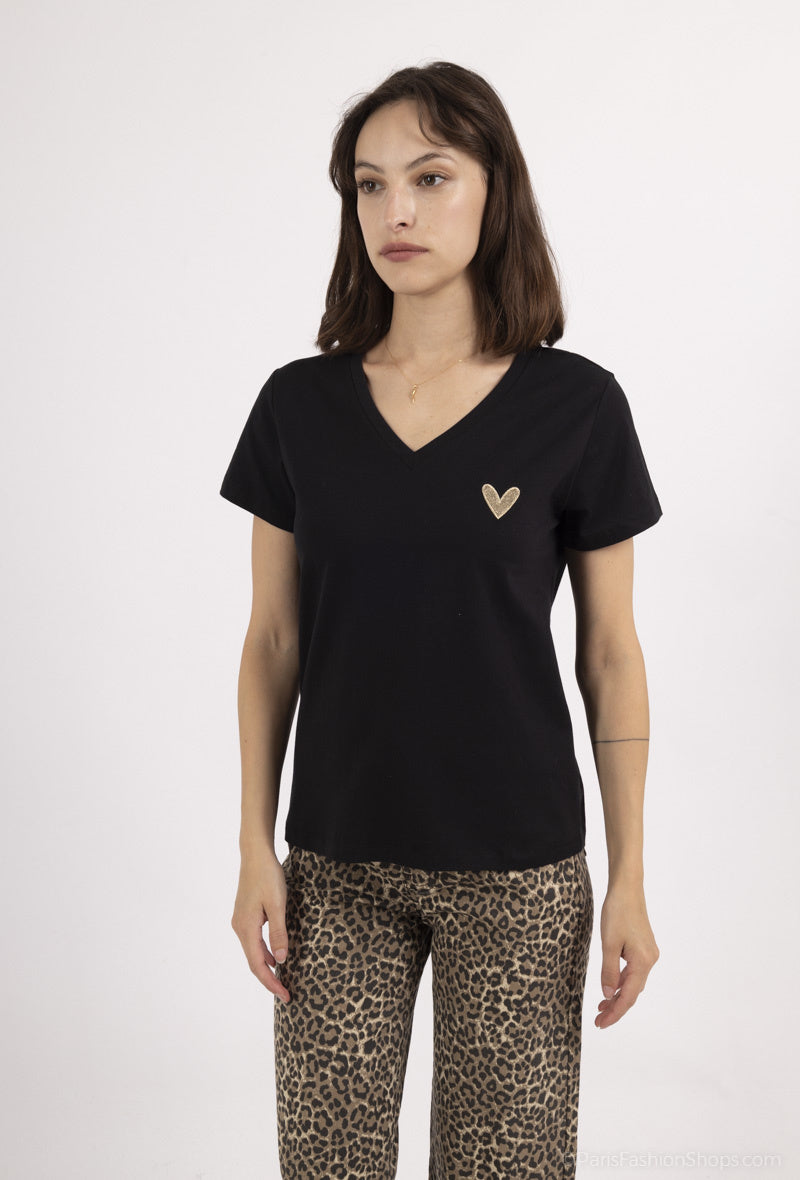 T-shirt manches courtes broderie coeur doré femme