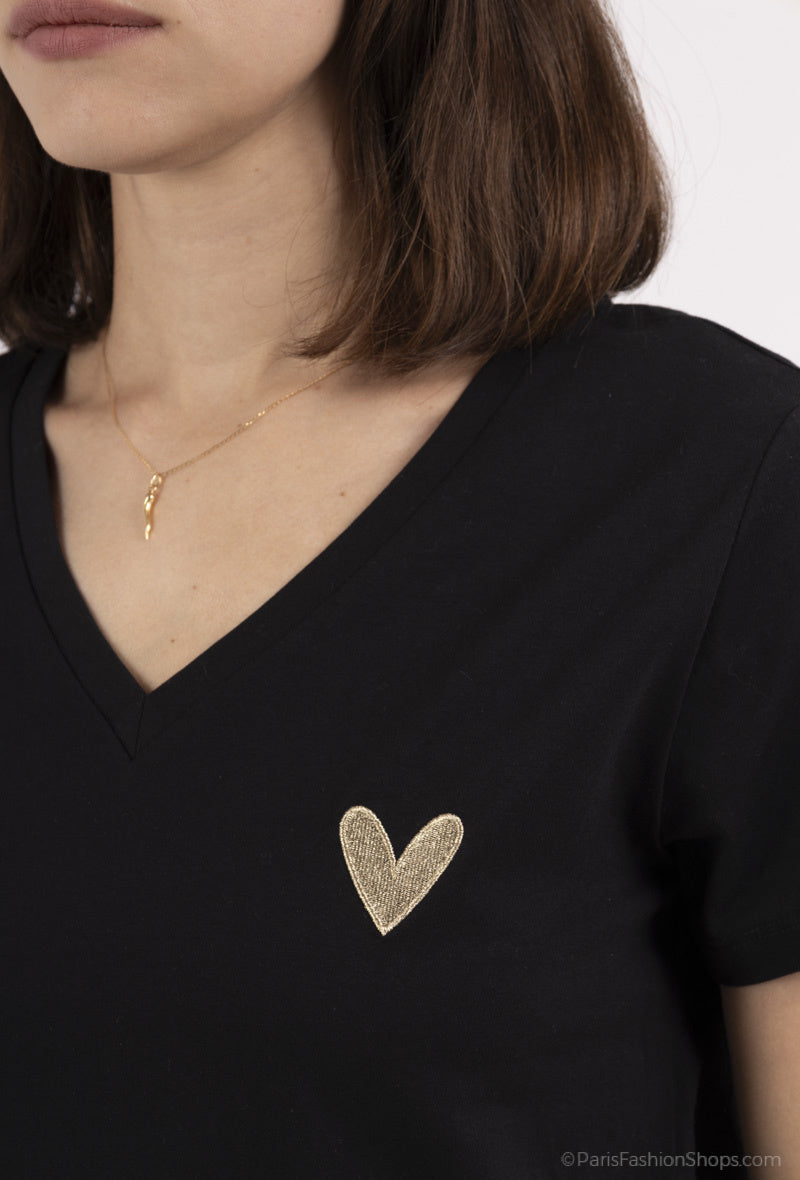 T-shirt manches courtes broderie coeur doré femme