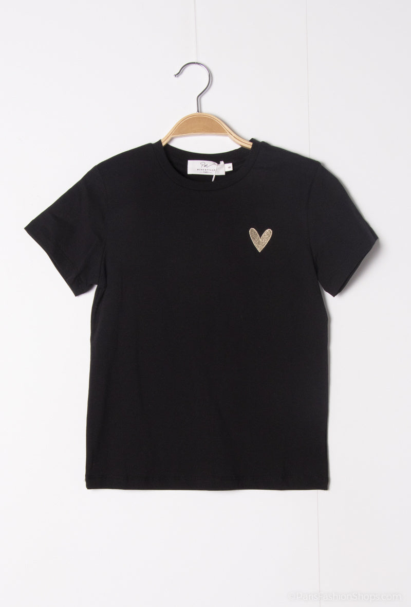 T-shirt manches courtes broderie coeur doré fille